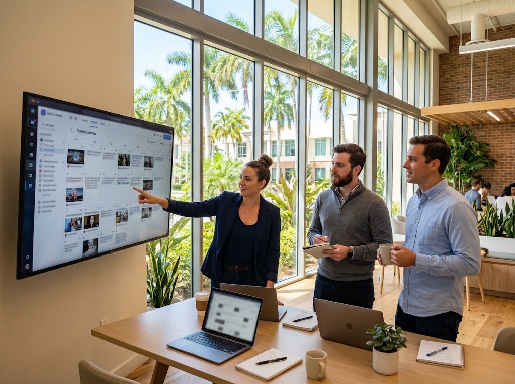 Marketing team reviewing a social media content calendar in a Coral Gables office