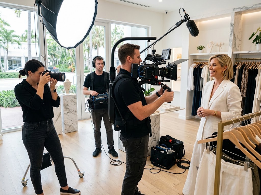 Professional videographer and photographer filming a boutique owner in Miami for social media content